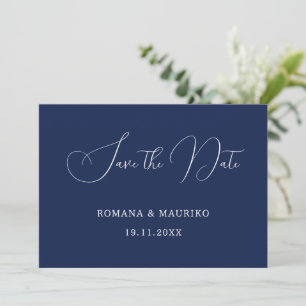 Elegant Navy Blue Calligraphy Script Save The Date