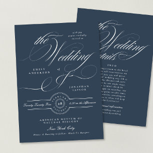 Elegant Navy Blue Calligraphy Wedding Details Back Invitation