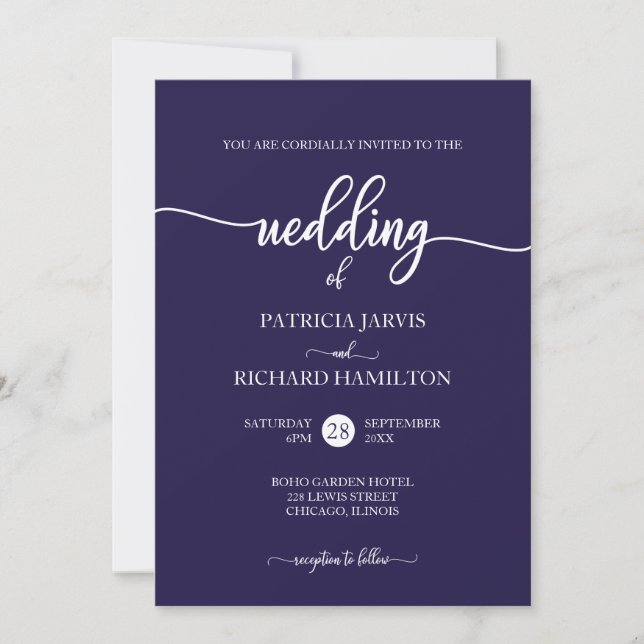 Elegant Navy Blue Calligraphy Wedding Invitation (Front)