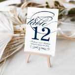 Elegant Navy Blue Calligraphy Wedding Table Number<br><div class="desc">Each table number card must be customised via Personalise it" and individually added to the shopping cart. Elegant navy blue and white design includes a flourished monogram and calligraphy accents on the front and back sides of the card (two-sided design).</div>