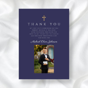 Elegant Navy Blue Catholic Boy First Communion Thank You Card