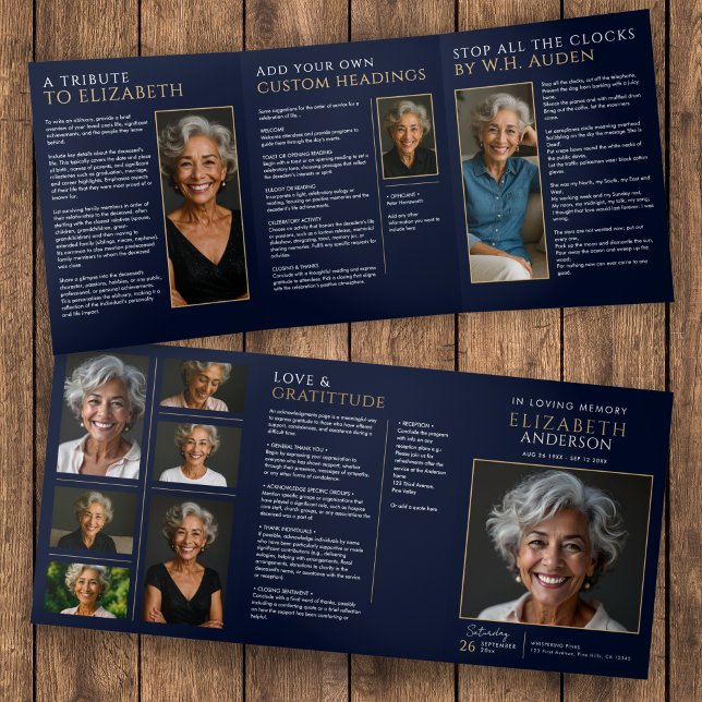 Elegant Navy Blue Celebration of Life Service Tri-Fold Programme (Creator Uploaded)