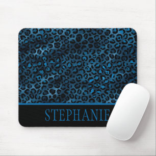 Elegant Navy Blue Cheetah Leopard Print Name Mouse Pad
