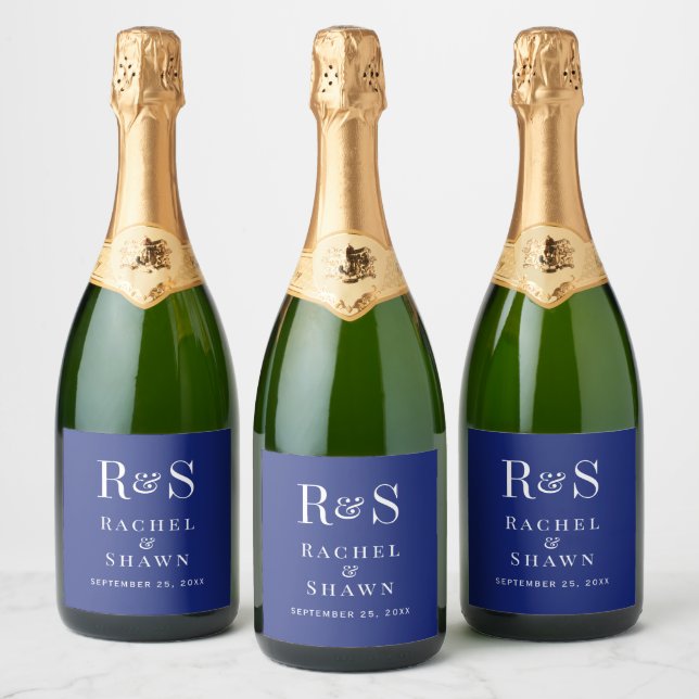 Elegant Navy Blue Chic Modern Monogram Wedding Sparkling Wine Label (Bottles)