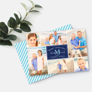 Elegant Navy Blue Christmas Monogram Photo Collage Holiday Card
