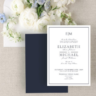 Elegant Navy Blue Classic Script Monogram Wedding Invitation