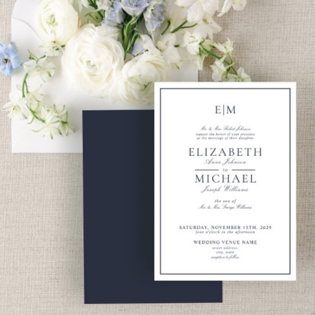 Elegant Navy Blue Classic Script Monogram Wedding Invitation (Creator Uploaded)