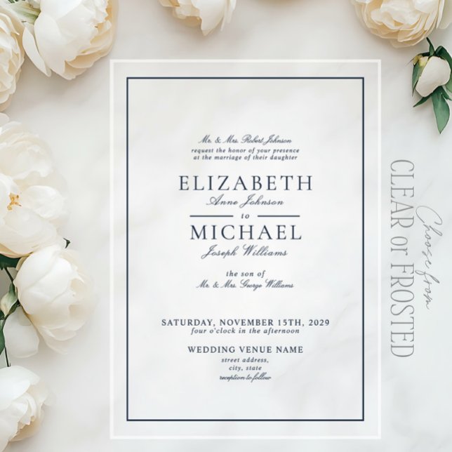 Elegant Navy Blue Classic Script Wedding Acrylic Invitations (Creator Uploaded)