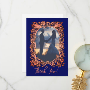Elegant Navy Blue Copper Rose Gold Wedding Photo Thank You Card