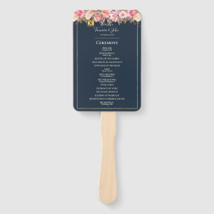 Elegant Navy Blue Coral Lights Wedding Program Hand Fan