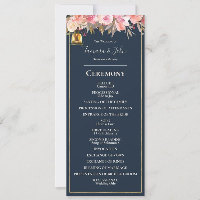 Elegant Navy Blue Coral Lights Wedding Program Invitation (Front)