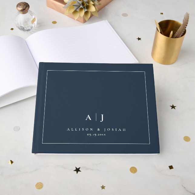 Elegant Navy Blue Couples Wedding Monogram Guest Book (Front Open)