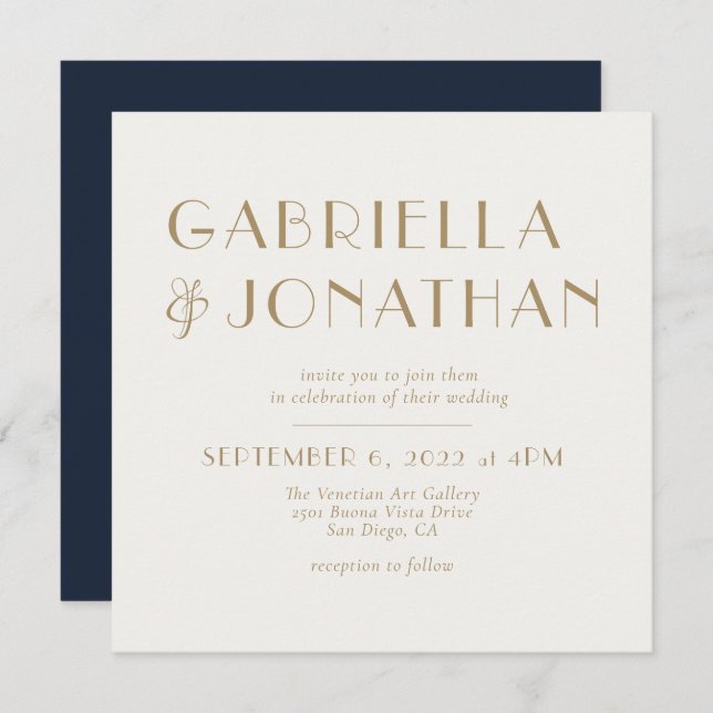 Elegant Navy Blue Cream Gold Wedding Invitation (Front/Back)
