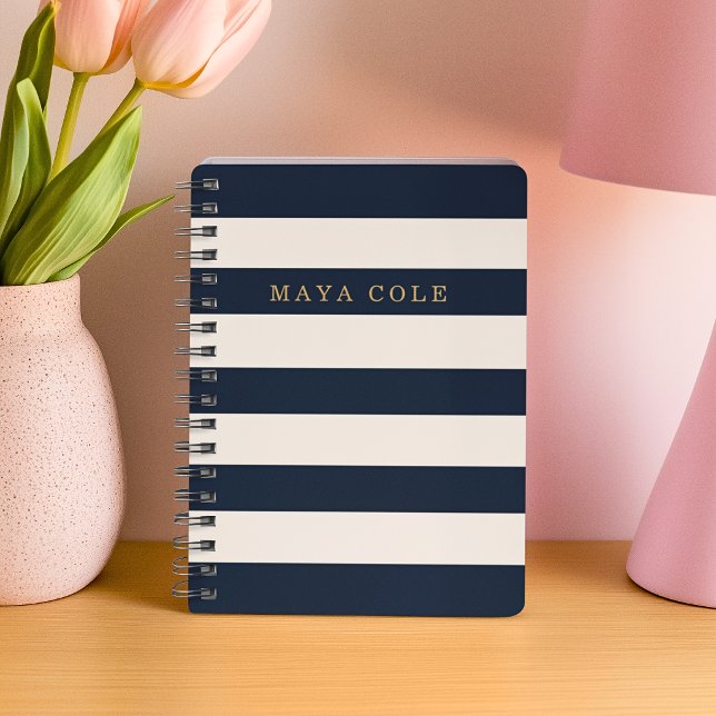 Elegant Navy Blue Cream Stripes Custom Name Ruled  Notebook (Creator Uploaded)