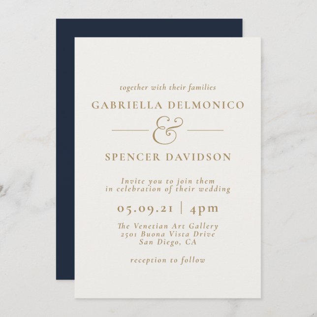 Elegant Navy Blue Cream Wedding Invitation (Front/Back)