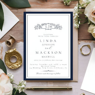 Elegant Navy blue Crest Monogram Wedding  Invitation