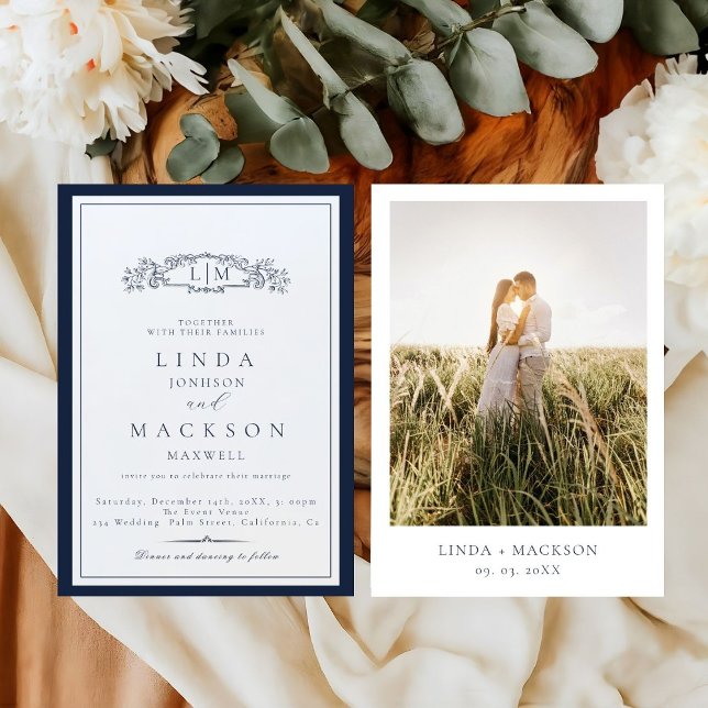 Elegant Navy blue Crest Monogram Wedding  Invitation (Creator Uploaded)