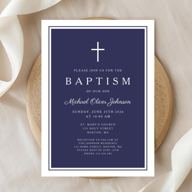 Elegant Navy Blue Cross Baby Boy Baptism Invitation (Elegant Navy Blue Cross Baby Boy Baptism Invitation)