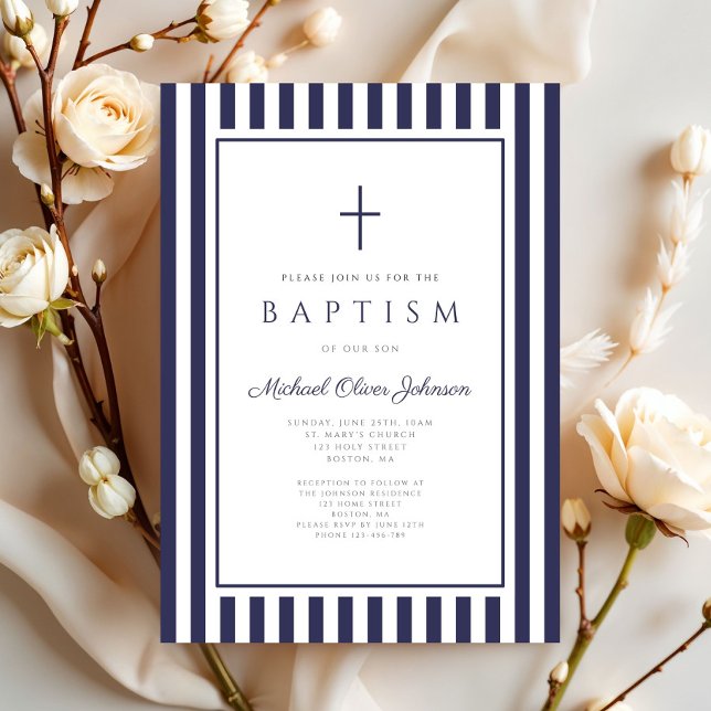 Elegant Navy Blue Cross Boy Baptism Invitation (Elegant Navy Blue Cross Boy Baptism Invitation)