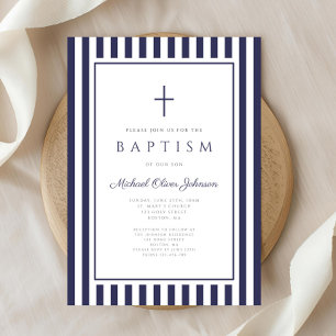 Elegant Navy Blue Cross Boy Baptism Invitation