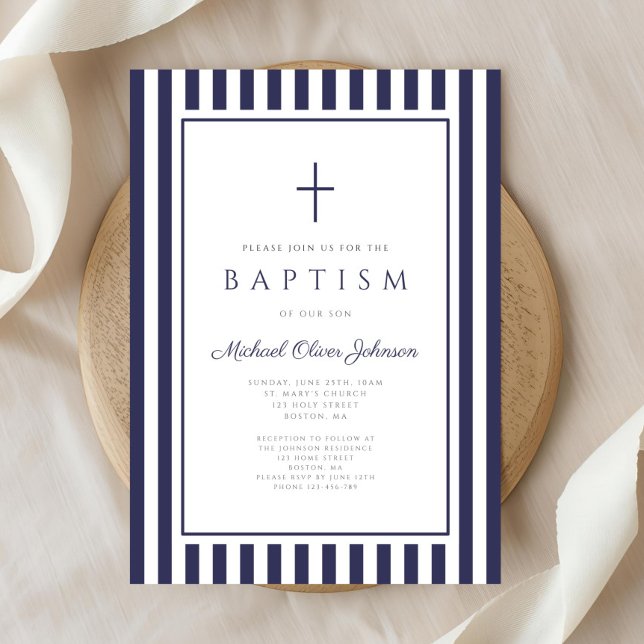 Elegant Navy Blue Cross Boy Baptism Invitation (Elegant Navy Blue Cross Boy Baptism Invitation)