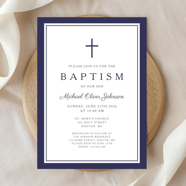 Elegant Navy Blue Cross Boy Baptism Invitation (Elegant Navy Blue Cross Boy Baptism Invitation)