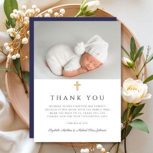 Elegant Navy Blue Cross Boy Baptism Photo Thank You Card