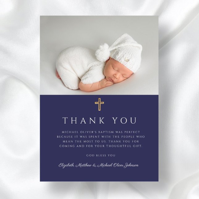 Elegant Navy Blue Cross Boy Baptism Photo Thank You Card (Elegant Navy Blue Cross Boy Baptism Photo Thank You Card)