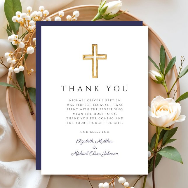 Elegant Navy Blue Cross Boy Baptism Thank You Card (Elegant Navy Blue Cross Boy Baptism Thank You Card)