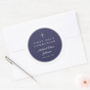 Elegant Navy Blue Cross Boy First Communion  Classic Round Sticker