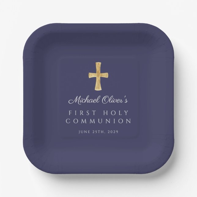 Elegant Navy Blue Cross Boy First Communion Paper Plate (Front)