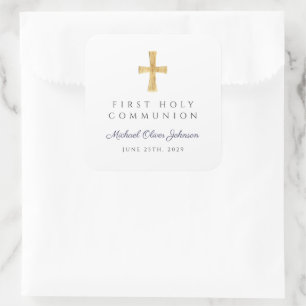 Elegant Navy Blue Cross Boy First Communion Square Sticker