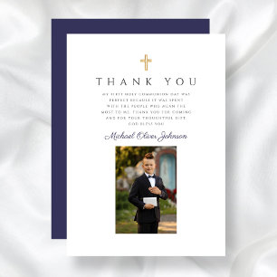 Elegant Navy Blue Cross Boy First Communion Thank You Card
