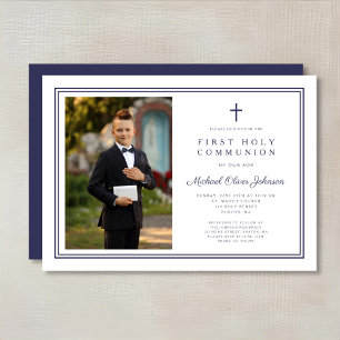 Elegant Navy Blue Cross Boy Photo First Communion Invitation