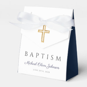 Elegant Navy Blue Cross Photo Boy Baptism Favour Box