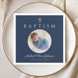 Elegant Navy Blue Cross Photo Boy Baptism Napkin