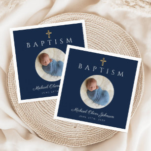 Elegant Navy Blue Cross Photo Boy Baptism Napkin