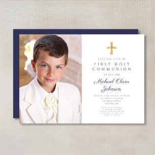Elegant Navy Blue Cross Photo Boy First Communion Invitation