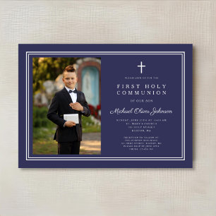 Elegant Navy Blue Cross Photo Boy First Communion Invitation