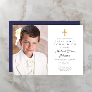 Elegant Navy Blue Cross Photo Boy First Communion Invitation