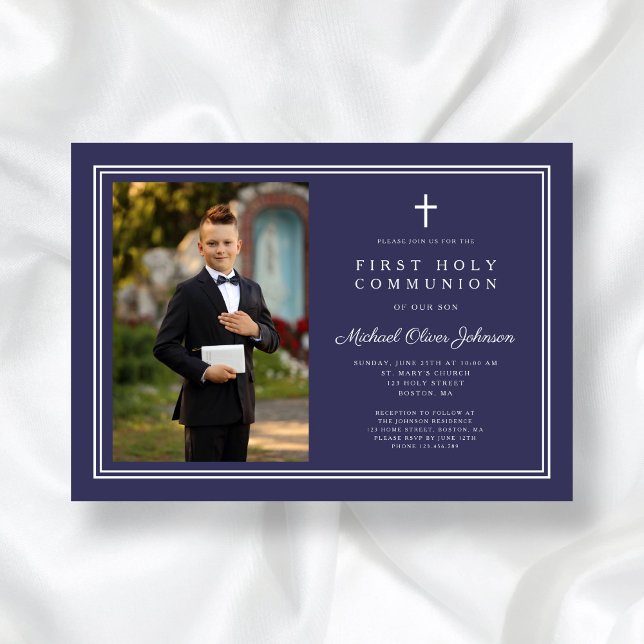 Elegant Navy Blue Cross Photo Boy First Communion Invitation (Elegant Navy Blue Cross Photo Boy First Communion Invitation)