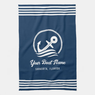 Elegant Navy Blue Custom Boat Name Anchor Tea Towel
