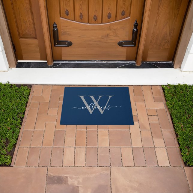 Elegant Navy Blue Custom Monogram Script Name Doormat (Outdoor)