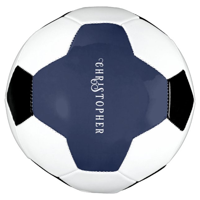 Elegant Navy Blue Custom Name  Soccer Ball (Rotated)