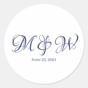Elegant navy blue custom script monogram wedding classic round sticker