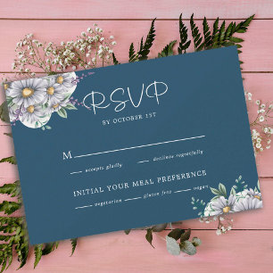 Elegant Navy Blue Daisy Floral Wedding   RSVP Card