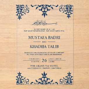Elegant Navy Blue Damask Islamic Wedding Acrylic Invitations
