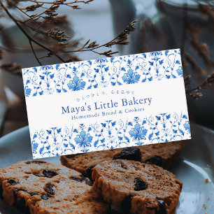 Elegant Navy Blue Damask Pattern Bakery Business Card