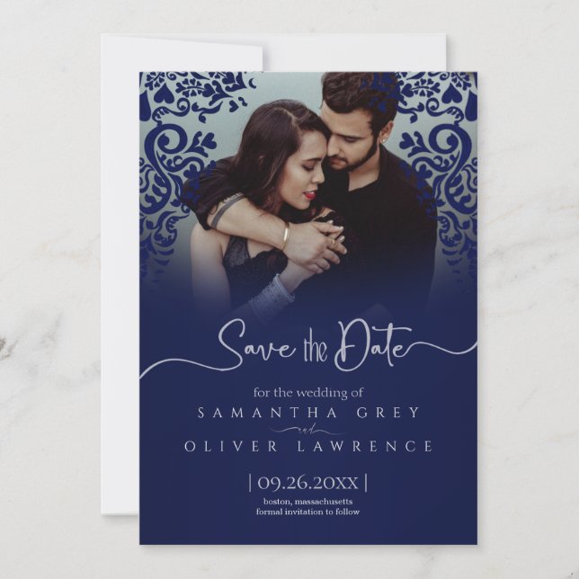 Elegant Navy Blue Damask Save the Date Photo Card (Front)