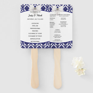 Elegant Navy Blue Damask Wedding Program Hand Fan